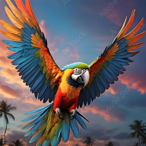 Colorful macaw spreading its wings and flying in the sky