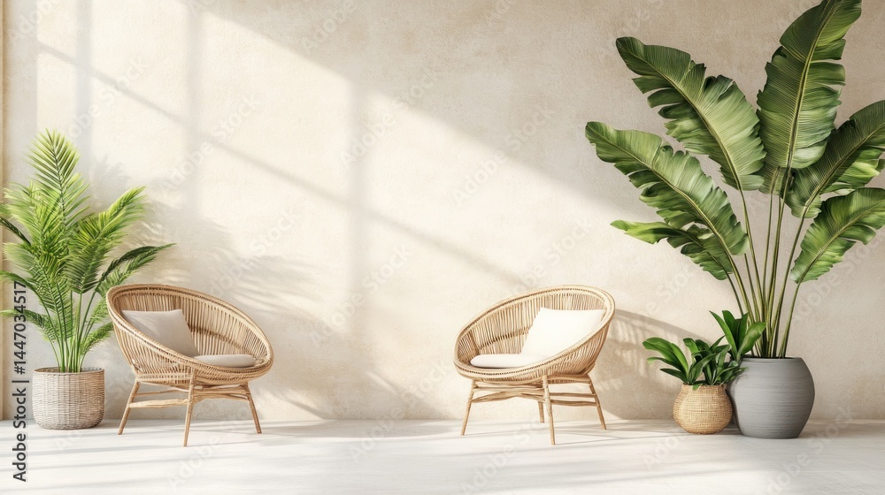Fototapeta premium Peaceful, sun-drenched interior featuring wicker seating and lush greenery.