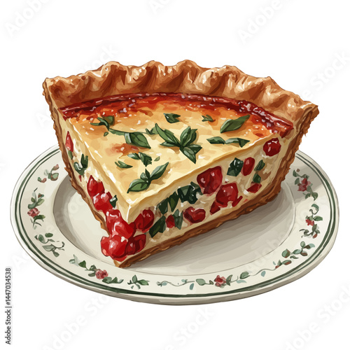 illustration of Quiche Slice On A Porcelain Plate, watercolor vector, isolated on a white background.