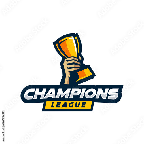 Hand holding trophy logo for Champions tournament, championship, and competition