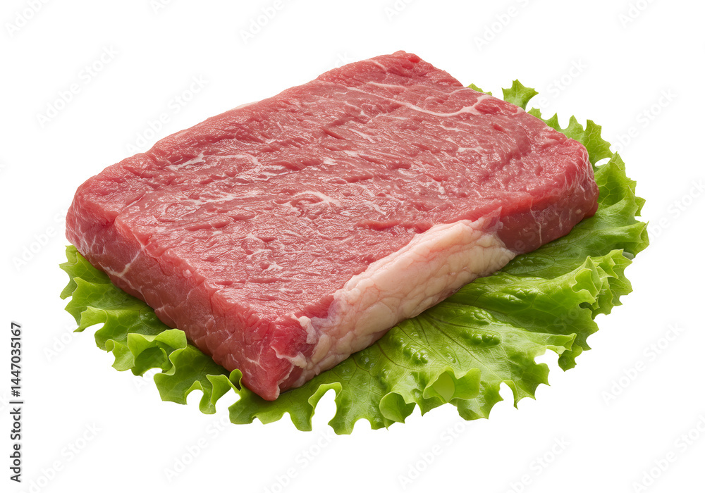 新鮮な赤身の牛肉の塊と緑色のレタスの上に載せた料理の透明背景 新鮮な赤身の牛肉の塊と緑色のレタスの上に載せた料理の透明背景