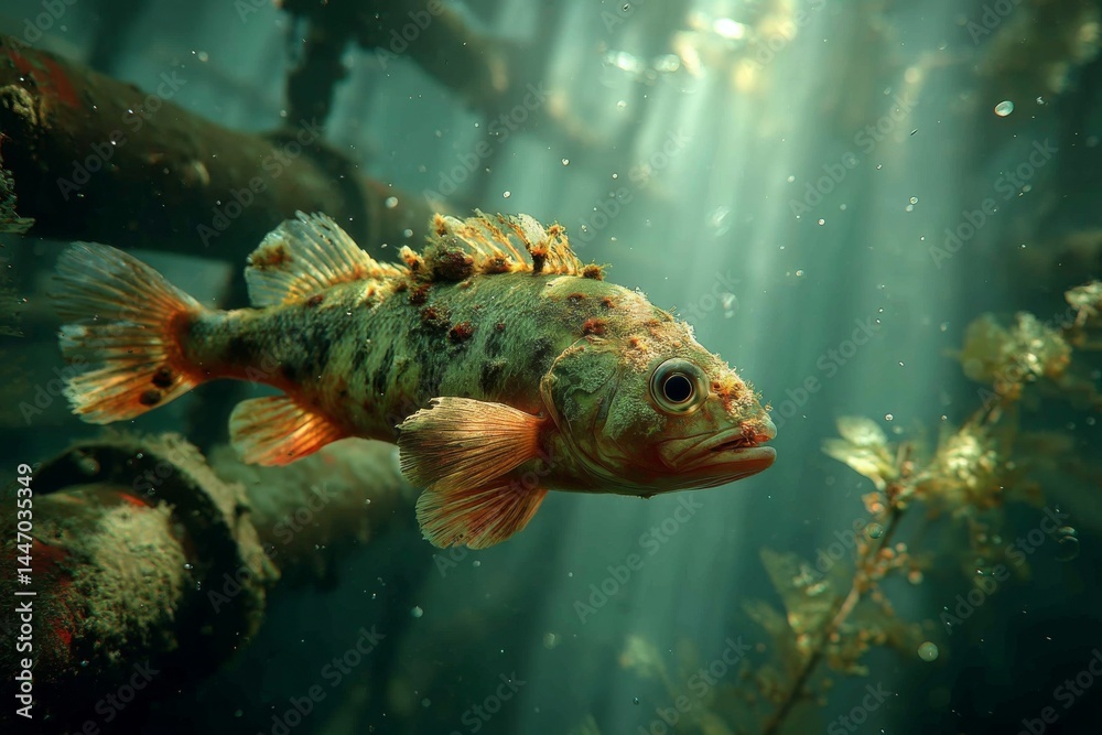 Fototapeta premium Unique Fish Species Swimming Amidst Aquatic Plants and Sunbeams in Murky Waters, Exploring the Depths of Marine Life