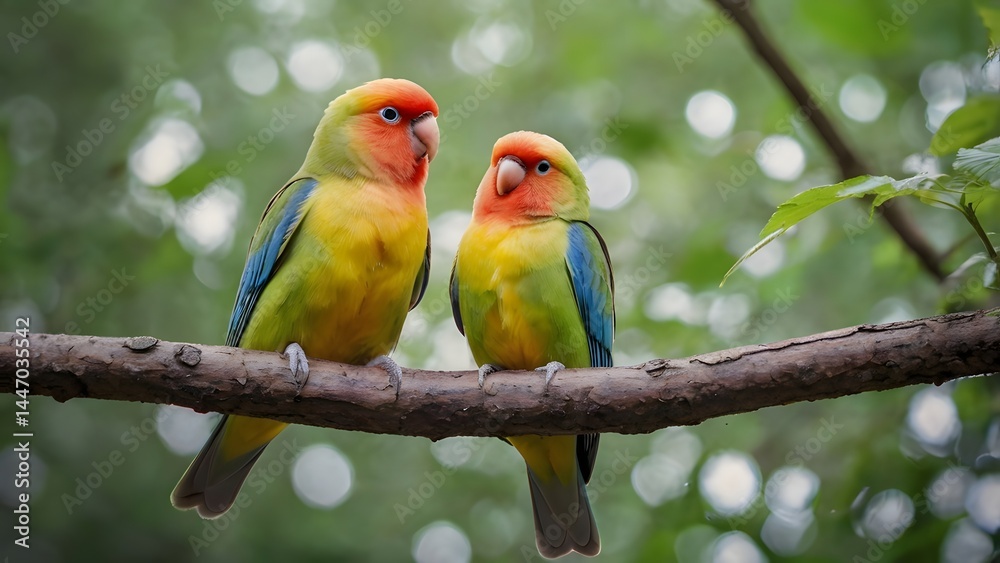 Fototapeta premium A pair of beautiful love birds perched on a branch.