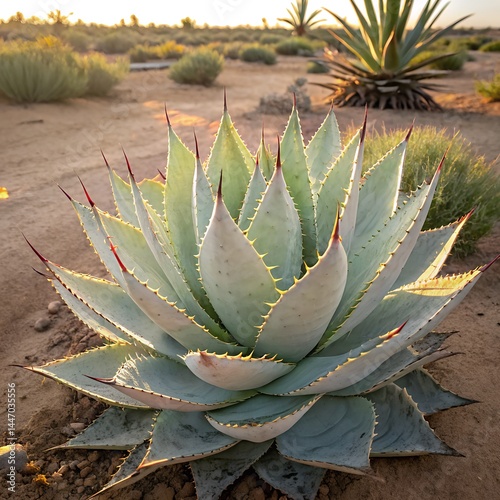 Huachuca Agave Plant in Desert Garden, Spiky Green Leaves, Desert Succulent, Agave Cactus Close-up, Huachuca Agave in Natural Habitat, Desert Landscape, Succulent Plant Growth, Spiny Leaves, Sunlit Ag