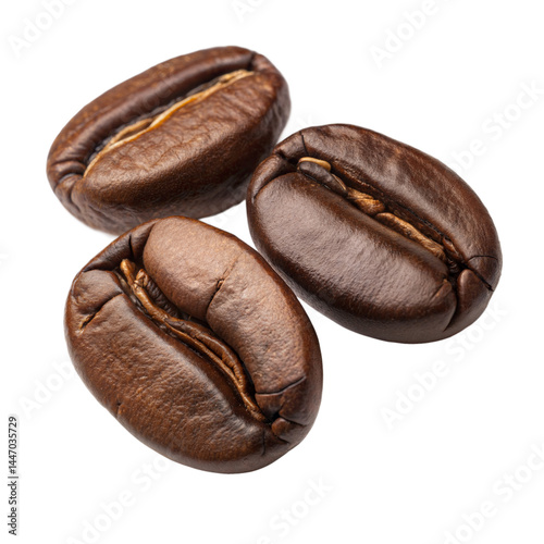 High-resolution close-up of three roasted coffee beans on a black background — perfect for coffee branding, packaging designs, cafe menus, barista blogs, or premium organic coffee visuals.