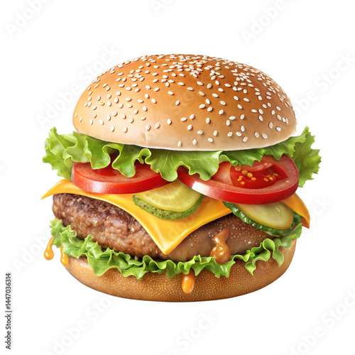 Tasty cheeseburger with lettuce, tomato, pickles, melted cheese, sauce drips, and sesame bun — perfect for fast food ads, restaurant branding, burger menu mockups, or food delivery platforms.