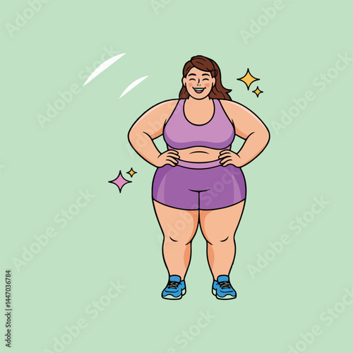 Plus size athletes in real workout sessions fat person cartoon illustration.