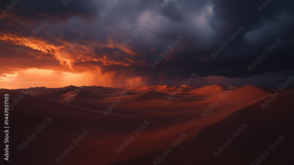 Dramatic sunset over sand dunes with stormy clouds. Dramatic sunset over sand dunes with stormy clouds.
