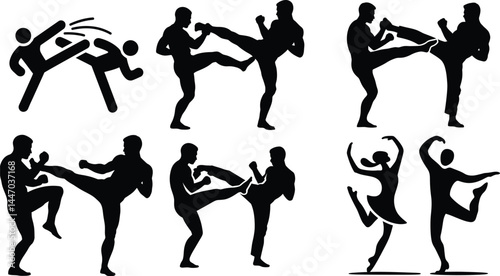 Black silhouettes of martial arts fighters and dance couple isolated on white background