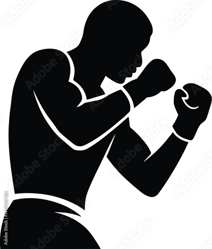 Boxer silhouette in defensive stance black and white illustration of fighting athlete