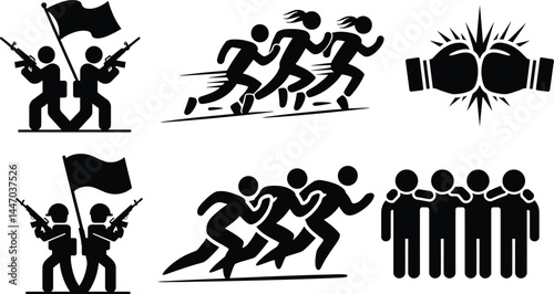 Competition warfare sportsmanship unity and struggle pictogram set illustrating diverse group activities
