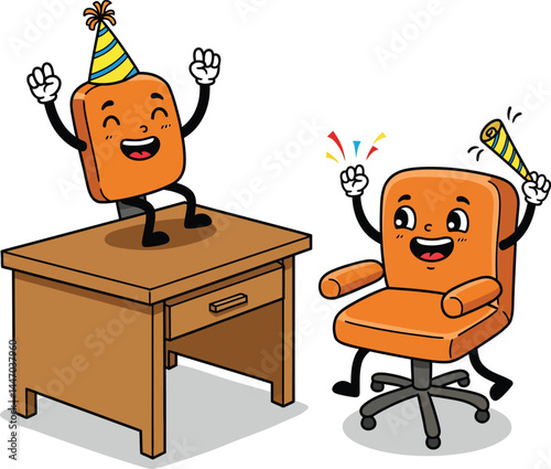 Cartoon Desk and Chair Celebrating, Celebrating Office Equipment Illustration