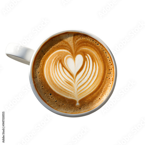 Latte Art Heart in Coffee Cup – Overhead View of Creamy Espresso in White Ceramic Mug with Minimalist Composition
