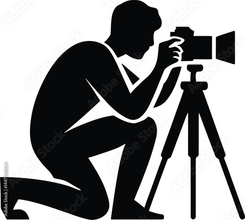 Photographer silhouette crouching with tripod camera shooting professional photography black and white vector