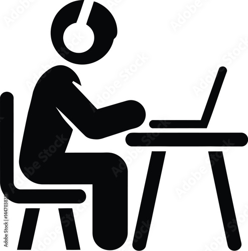 Pictogram illustration person working on laptop wearing headphones at desk black silhouette