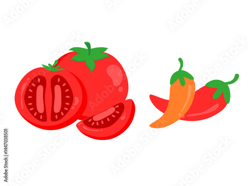 Tomato and chilli set. Food and vegetables illustration. Cooking element