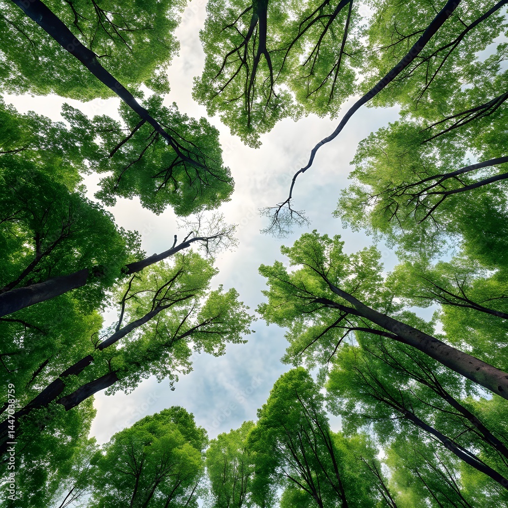Naklejka premium Looking Up at Tall Green Trees in a Peaceful Forest 