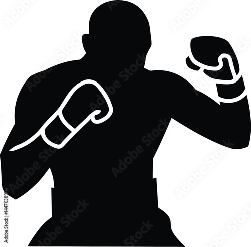 Silhouette of a boxer in fighting stance with boxing gloves isolated on white background