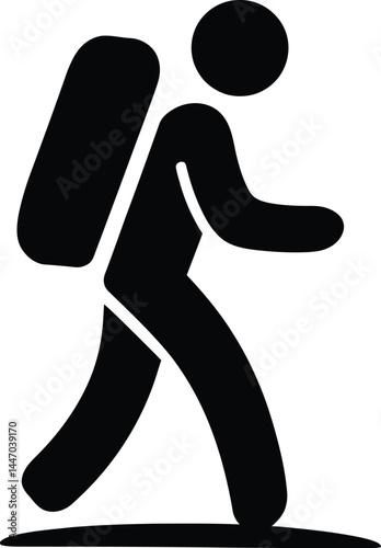 Simple black silhouette of a hiker trekking with a backpack on a trail