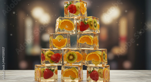 Stack of Transparent Jelly Cubes with Floating Fruits. 8K Wallpaper. Generative AI