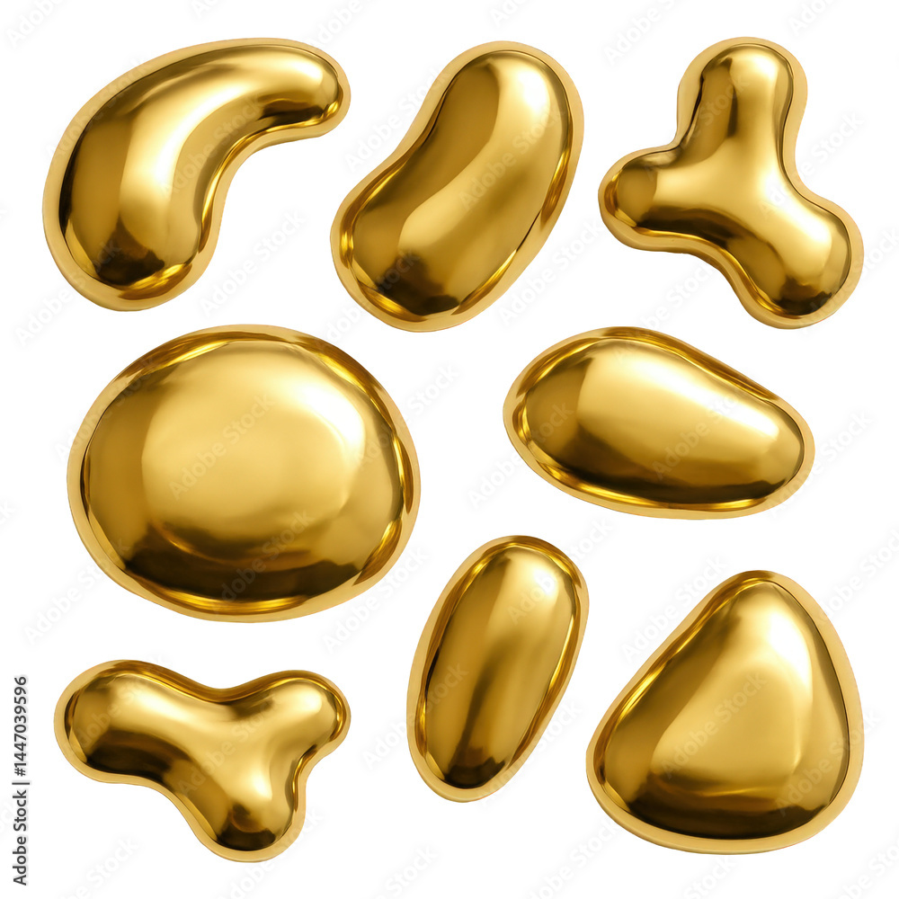Varied assortment of glossy golden shapes with smooth, fluid, and irregular three-dimensional forms. Varied assortment of glossy golden shapes with smooth, fluid, and irregular three-dimensional forms.
