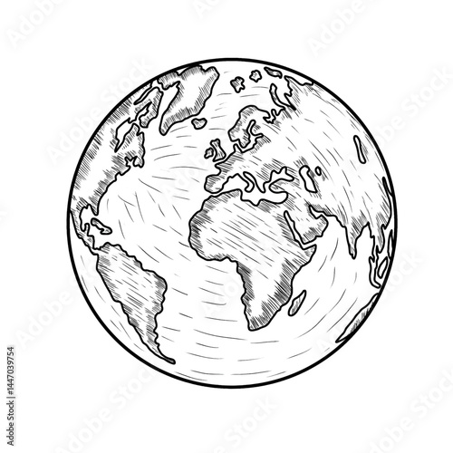 Hand drawn globe on white background, Sketchy earth illustration, Vector globe in handmade style