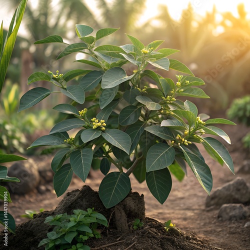 Healthy Green Withania Somnifera Plant, Ashwagandha, Growing in Natural Garden, Vibrant Green Leaves, Medicinal Herb, Herbal Plant, Organic Farming, Early Stages of Growth, Sunlight and Fresh Soil