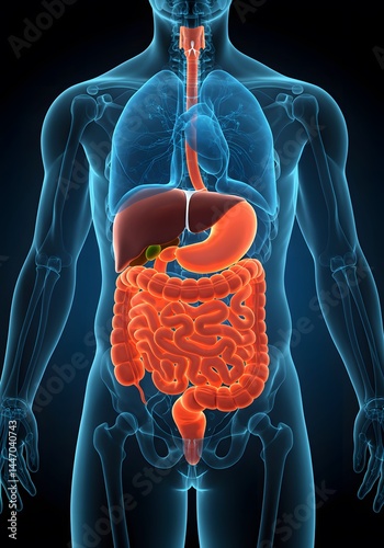 Human digestive system illustration highlighting key organs: stomach, intestines, liver, and more. Perfect for medical, educational, and healthcare content