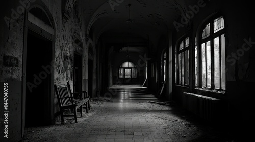 A dark and desolate corridor inside of an abandoned building