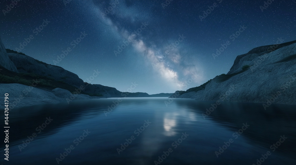 Starry night sky reflected in a calm lake surrounded by rocky hills Starry night sky reflected in a calm lake surrounded by rocky hills