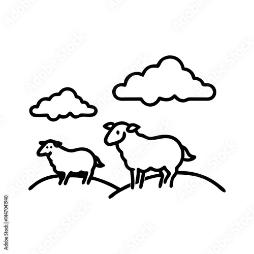 Two sheep grazing on a green hilltop with clouds  
