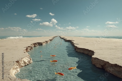 Surreal scene of a sandy isthmus split by a clear waterway, with many goldfish swimming under fluffy clouds and blue sky