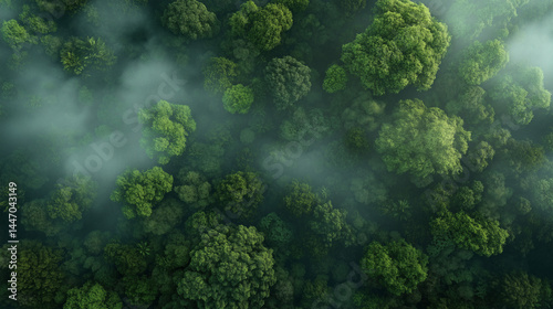 Dense green forest with mist over treetops in early morning light