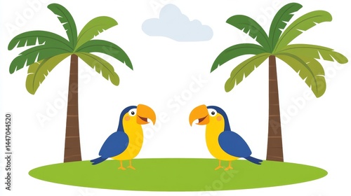 Pixelated paradise with playful parrots beneath pixelated palm trees capturing a simplistic yet vibrant tropical escape with cartoonish charm and pixel art aesthetics