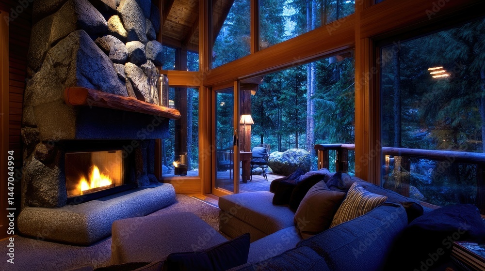 Fototapeta premium Cozy cabin living room interior with a warm fireplace and forest views