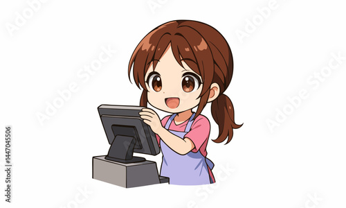 cute female cashier at supermarket cartoon illustration