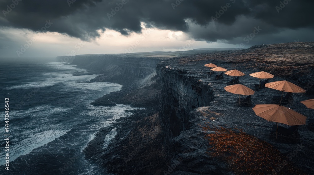 Fototapeta premium Cliffside umbrellas offer respite from dramatic weather