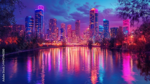 Vibrant Cityscape at Night: A Stunning Reflection of Urban Lights