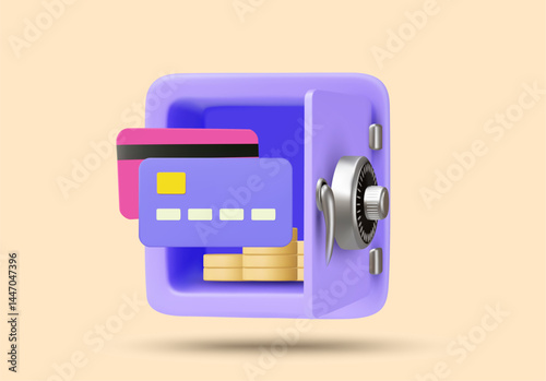 3D illustration vector render of open safe icon with coins inside and credit card. Concept of financial security, digital banking, saving account, secure transaction personal finance management.