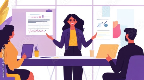 Animated business meeting, collaboration and teamwork illustration featuring a modern office setting