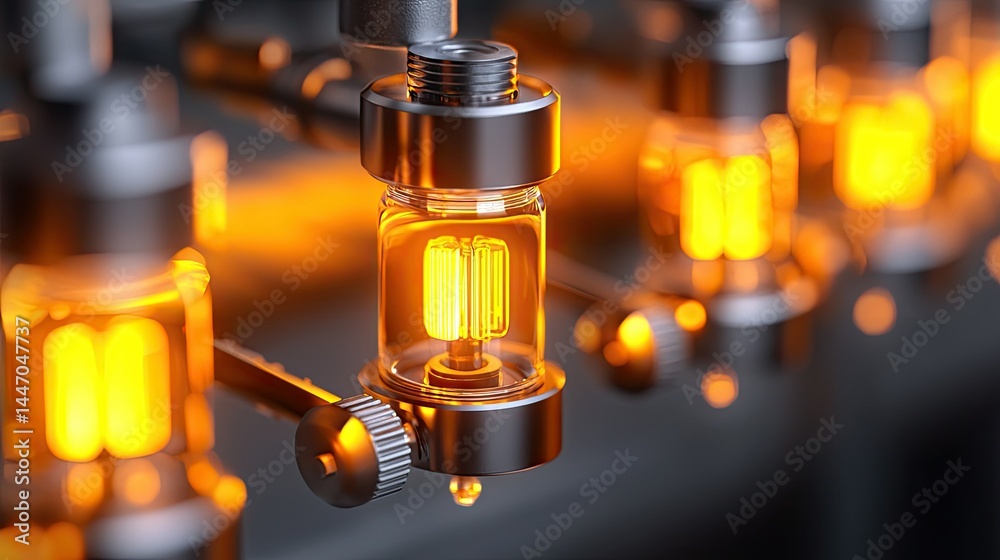 Glowing lightbulbs and metal components arranged in an industrial scene Glowing lightbulbs and metal components arranged in an industrial scene