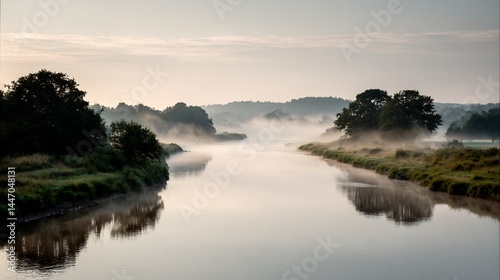 Serene river landscape with early morning mist shrouding the tranquil waters