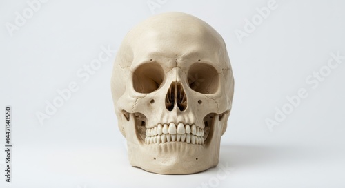 Anatomical human skull with teeth on white background in studio shot anatomical representation bone structure