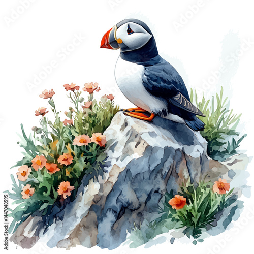 illustration of Puffin Balancing On A Cliff Edge, watercolor vector, isolated on a white background.