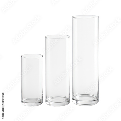 A clean arrangement of three clear glass cylindrical vases showcasing a natural progression in height. photo