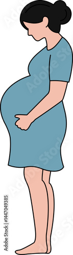A woman dressed in blue is holding her pregnant belly - outline