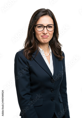 portrait of business woman squinting and looking without glasses, cant see, bad sight without eyewear White background