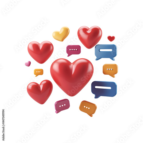 Colorful 3D heart-shaped icons with speech bubbles and social media symbols, minimalist design with glossy textures, Valentine's Day concept PNG