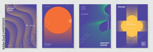 Abstract line wave gradient poster background vector set. Minimalist cover template with vibrant perspective line wave in motion. Ideal design for social media, cover, banner, flyer, music, ads.