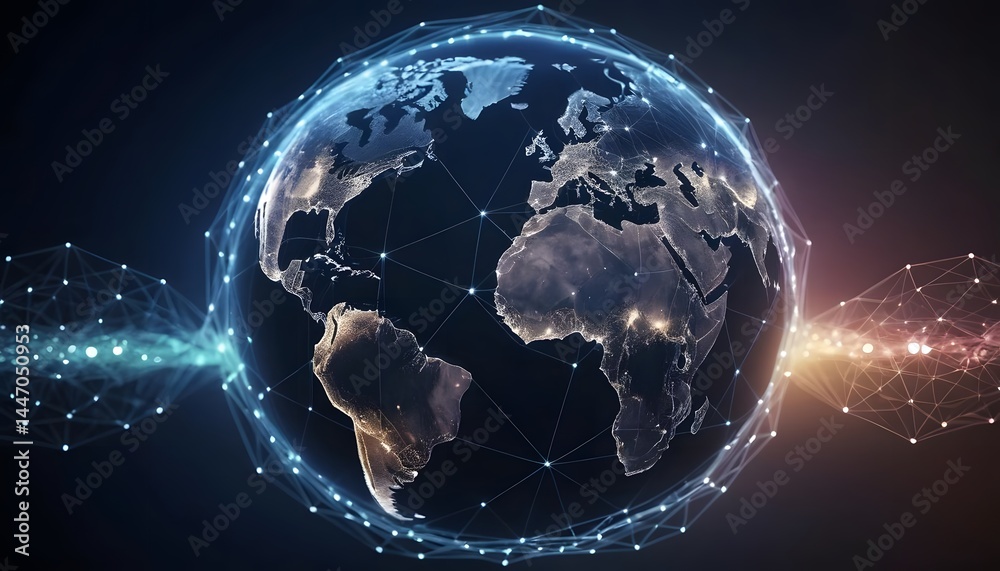 Global network connection with geometric grid linking the world, representing society, community, and AI technology – abstract earth with lines and bokeh effect symbolizing globalization Global network connection with geometric grid linking the world, representing society, community, and AI technology – abstract earth with lines and bokeh effect symbolizing globalization